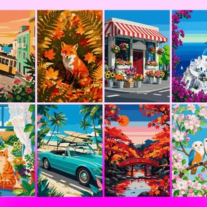 May include: A collection of eight colorful illustrations featuring a yellow tram in a city, a fox in autumn leaves, a flower shop, a coastal village, a cat in a garden, a turquoise convertible with surfboards, a red bridge, and two owls.