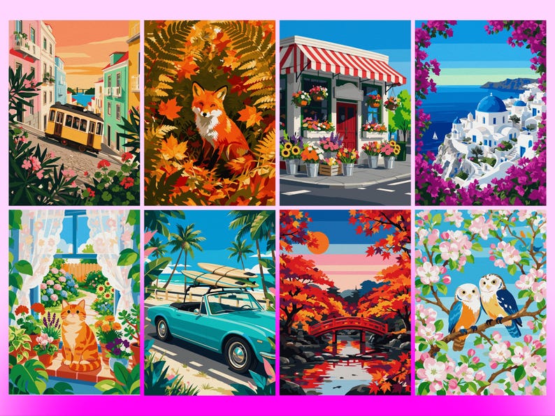 May include: A collection of eight colorful illustrations featuring a yellow tram in a city, a fox in autumn leaves, a flower shop, a coastal village, a cat in a garden, a turquoise convertible with surfboards, a red bridge, and two owls.