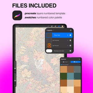 May include: A digital paint-by-number template for Procreate featuring a fox illustration with numbered sections, a layers panel showing Draw here, Scheme, and Preview options, and a numbered color palette with earthy tones on a pink background.