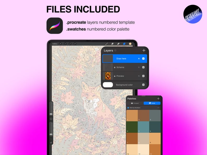 May include: A digital paint-by-number template for Procreate featuring a fox illustration with numbered sections, a layers panel showing Draw here, Scheme, and Preview options, and a numbered color palette with earthy tones on a pink background.