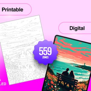 May include: A printable and digital paint-by-number set featuring a couple sitting on a bench overlooking a coastal landscape with a lighthouse. The design includes 559 zones for coloring, presented as both a black and white line art sheet and a finished color version.