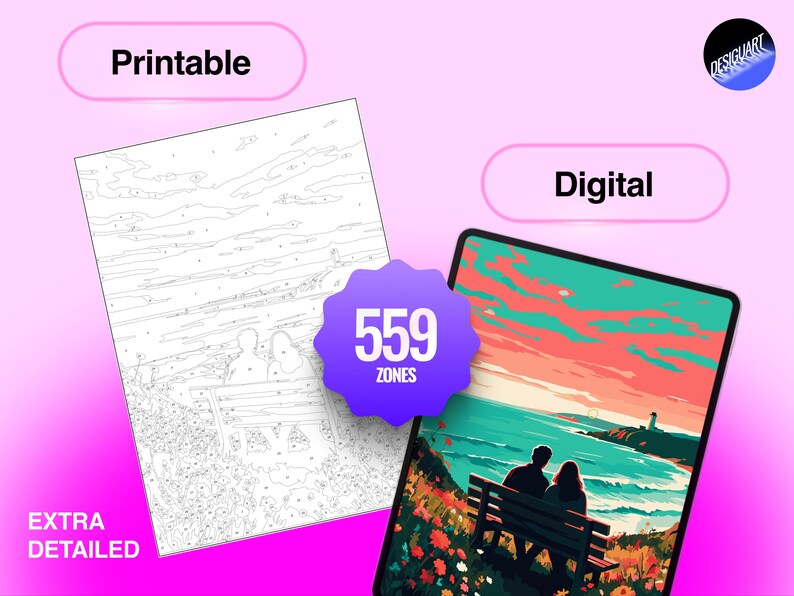 May include: A printable and digital paint-by-number set featuring a couple sitting on a bench overlooking a coastal landscape with a lighthouse. The design includes 559 zones for coloring, presented as both a black and white line art sheet and a finished color version.