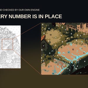 May include: A paint-by-numbers canvas featuring a detailed line drawing of a hillside village, with a zoomed-in section showing coloured segments labelled with numbers. Text reads: BUILT AND CHECKED BY OUR OWN ENGINE EVERY NUMBER IS IN PLACE.