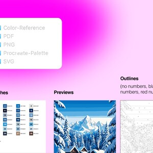 Puede incluir: Un conjunto de archivos digitales con una lista de carpetas que incluye opciones de Color-Reference, PDF, PNG, Procreate-Palette y SVG. Incluye una cuadr&iacute;cula de muestras de color con 29 tonos azules y marrones numerados y un paisaje invernal.