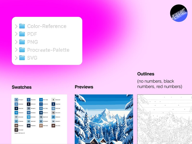 Puede incluir: Un conjunto de archivos digitales con una lista de carpetas que incluye opciones de Color-Reference, PDF, PNG, Procreate-Palette y SVG. Incluye una cuadr&iacute;cula de muestras de color con 29 tonos azules y marrones numerados y un paisaje invernal.
