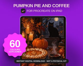 Pastel de calabaza y café para colorear por números, página digital para colorear de otoño para Procreate