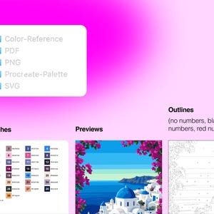 Puede incluir: Un conjunto de archivos digitales con carpetas de Color-Reference, PDF, PNG, Procreate-Palette y SVG. Incluye una tabla de muestras de color numerada, una vista previa de una escena costera griega con buganvillas y una versi&oacute;n de contornos.