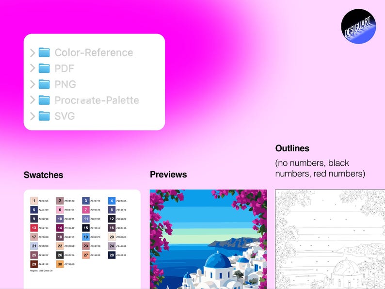 Puede incluir: Un conjunto de archivos digitales con carpetas de Color-Reference, PDF, PNG, Procreate-Palette y SVG. Incluye una tabla de muestras de color numerada, una vista previa de una escena costera griega con buganvillas y una versi&oacute;n de contornos.