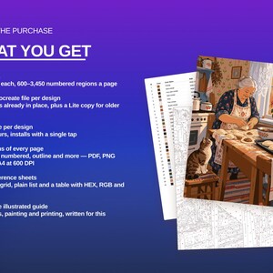 May include: A digital product listing featuring 21 designs with 30 colors each, including Procreate files, color palettes, and PDF, PNG, and SVG versions. The image displays a numbered coloring page of an elderly person baking with a cat.