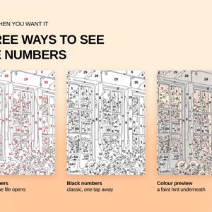 May include: A digital paint-by-number guide titled ONLY WHEN YOU WANT IT THREE WAYS TO SEE THE NUMBERS. It displays three versions of a line drawing: one with red numbers, one with black numbers, and one with a faint color preview underneath.
