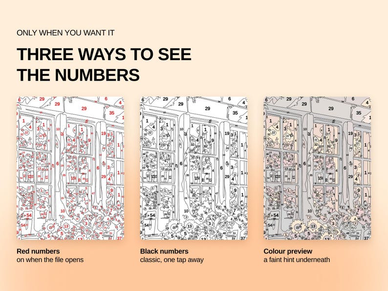May include: A digital paint-by-number guide titled ONLY WHEN YOU WANT IT THREE WAYS TO SEE THE NUMBERS. It displays three versions of a line drawing: one with red numbers, one with black numbers, and one with a faint color preview underneath.