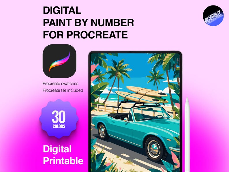 May include: A digital paint by number for Procreate featuring a teal convertible car with two surfboards on a roof rack, parked near a beach with palm trees. The graphic includes the text Digital Paint By Number For Procreate, 30 Colors, and Digital Printable.