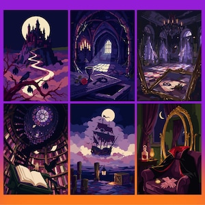 May include: A set of six digital illustrations featuring gothic themes including a castle under a full moon, a stone chamber with a goblet, a grand hall with a mirror, a spiral library with a raven, a ship in clouds, and a cape on a chair.