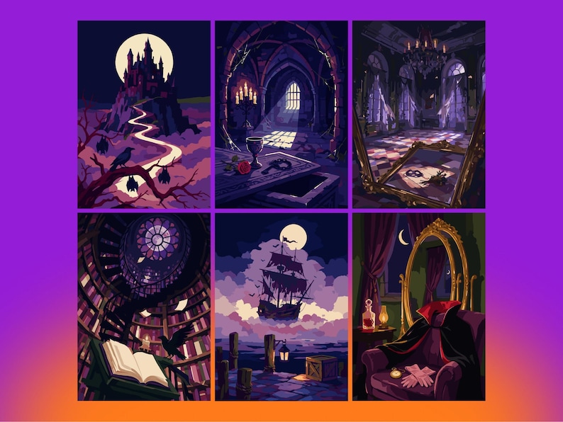 May include: A set of six digital illustrations featuring gothic themes including a castle under a full moon, a stone chamber with a goblet, a grand hall with a mirror, a spiral library with a raven, a ship in clouds, and a cape on a chair.