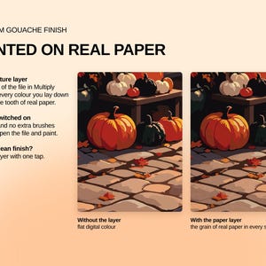 May include: A digital product display featuring the text PREMIUM GOUACHE FINISH PAINTED ON REAL PAPER. It shows two side-by-side illustrations of pumpkins on a stone path, comparing flat digital color to a version with a paper texture layer applied.