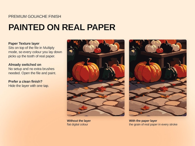 May include: A digital product display featuring the text PREMIUM GOUACHE FINISH PAINTED ON REAL PAPER. It shows two side-by-side illustrations of pumpkins on a stone path, comparing flat digital color to a version with a paper texture layer applied.