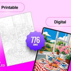 May include: A paint-by-number set featuring a printable black and white line art sheet and a digital colour reference image. Both show a tea set with a teapot, cups, and pastries on a checkered tablecloth by a window. A purple badge reads 776 ZONES.
