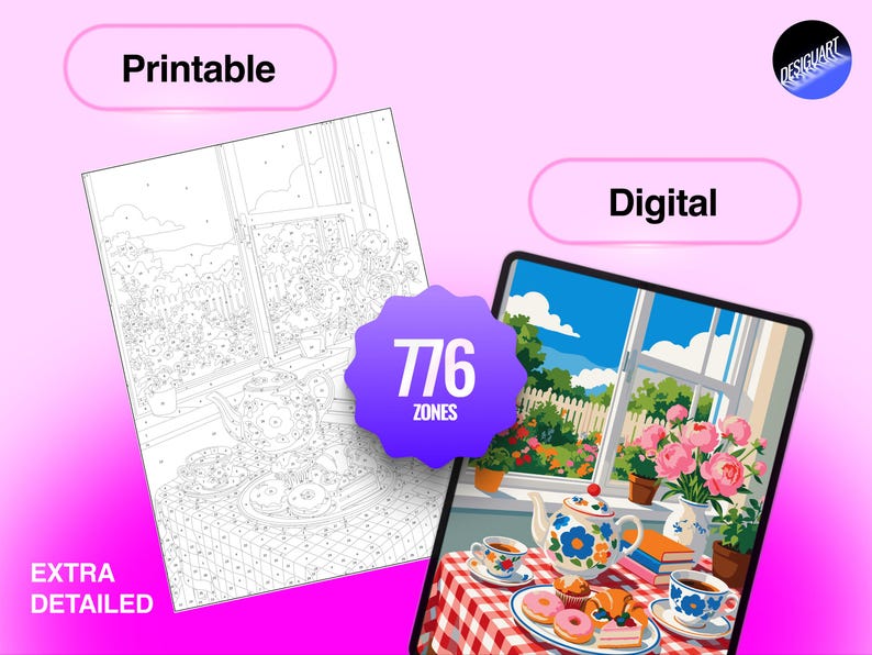 May include: A paint-by-number set featuring a printable black and white line art sheet and a digital colour reference image. Both show a tea set with a teapot, cups, and pastries on a checkered tablecloth by a window. A purple badge reads 776 ZONES.
