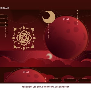 Può includere: Un design grafico rosso e oro con una luna di sangue, lune crescenti e un motivo geometrico. Il testo "CHAT" appare due volte. Il testo "BLOOD MOON STREAM OVERLAYS" appare in alto. Il testo "FOR CLIENT USE ONLY. DO NOT COPY, USE OR REPOST" appare in basso. Il testo "BY DIA MUND VOEN.CO/DIAMUND" appare in basso a destra.