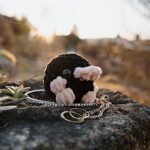 Könnte beinhalten: Ein schwarzes und pinkfarbenes gehäkeltes Maulwurf-Plüschtier, das auf einem Stein mit einer goldenen Kette und einer glitzernden silbernen Halskette sitzt.