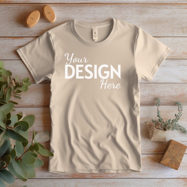 Layed Flat Sand Color Gildan 2000 T-Shirt Mockup, Beige Colored T-shirt Mockup, Digital Mockup, Beige T-Shirt Font View Mockup