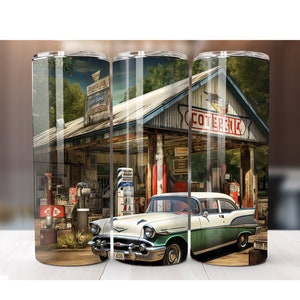 1950s old car gas station png digital download 20oz skinny tumbler