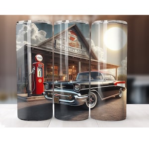 May include: A vintage black and red car parked in front of a rustic country store with a petrol pump and the text "COUNTRY STORE" and "Gasol" on the building. The car has a white number plate with the number "1-344".