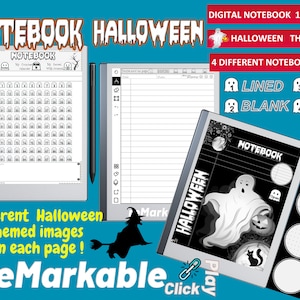 May include: Digital Halloween-themed notebook with 100 pages. The image shows a digital notebook with a ghost and cat graphic. The notebook offers four different styles: lined, dots, blank, and grid. The text on the image says "reMarkable click".