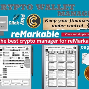 Pode incluir: Um gerenciador digital de carteira de criptomoedas para tablets reMarkable. A imagem apresenta dois tablets exibindo o painel e as páginas de hoje, com uma caneta e uma pilha de 35 páginas. O texto inclui "Crypto Wallet Manager".