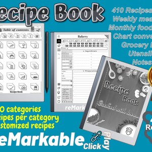 May include: A black and white image of a digital recipe book on a blue background. The book is open to a page titled "Bakery" and has a table of contents with 20 categories. The text "410 Recipes Book" is displayed in the upper right corner of the image. The text "reMarkable" is displayed in the lower left corner of the image.