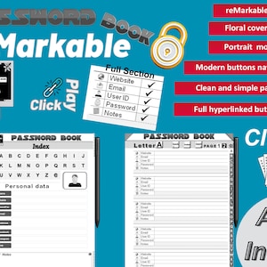 Może przedstawiać: Czarno-białe zdjęcie książki z hasłami zaprojektowanej dla tabletu reMarkable. Książka zawiera indeks A-Z i sekcję na dane osobowe. Obraz pokazuje również funkcje tabletu reMarkable, takie jak kwiatowy obraz okładki, tryb portretowy, nowoczesna nawigacja za pomocą przycisków, czyste i proste strony oraz w pełni hiperłączone przyciski.