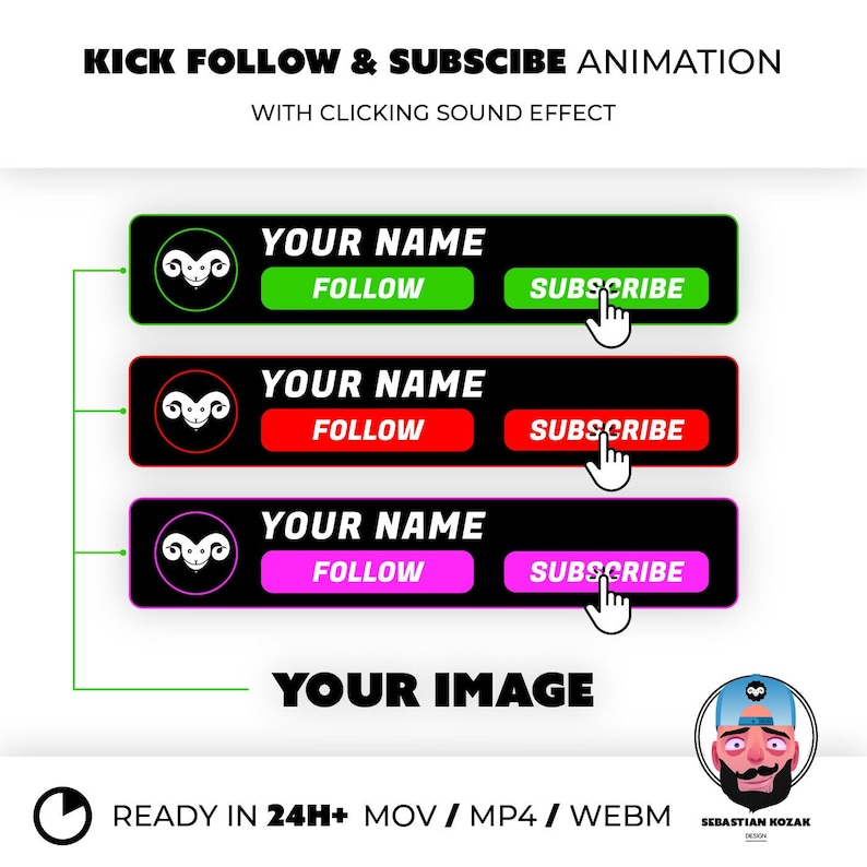 Kick Follow/subscribe Button Animation, Youtube, Twitch, Social Media ...
