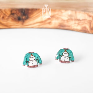 Brincos de boneco de neve divertidos - Brincos de pino de suéter de Natal feio - Brincos de suéter de clima peculiar