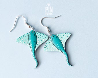 Mint Stingray Earrings - Sea Life Wooden Manta Ray - Sterling Silver