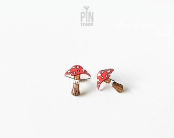 Red Mushroom Stud Earrings - Cottagecore Wooden Jewelry