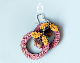 Fall Wreath Dangle Earrings - Acorn Leaves Whimsical Autumn Jewelry - Cozy Cottagecore Earrings