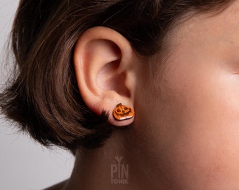 Jack O Lantern Stud Earrings - Funky Wooden Halloween Jewelry