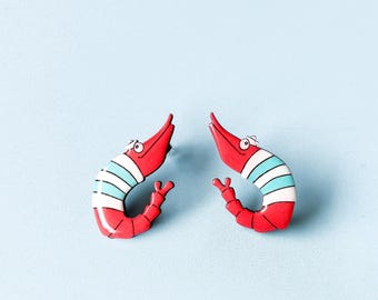Shrimp Earrings – Wooden Seafood Jewelry, Fun Marine Dangle Earrings