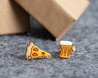 Quirky Mismatched Pizza and Beer Stud Earrings - Octoberfest Funky Earrings - Funny Miniature Food Birthday Gifts