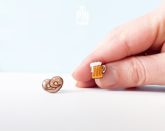 Mismatched Beer Earrings - Octoberfest Stud Earrings - Quirky Beer and Pretzel Food Earrings