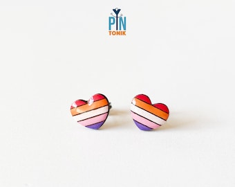 Lesbian Pride Earrings - Rainbow Heart Studs