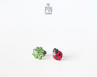 Good Luck Ladybug Earrings - Ladybird Beetle Stud Earrings - Tiny Insect Jewelry - Four Leaf Clover