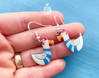 Seagull Earrings - Quirky Painted Wood & Sterling Silver - Nautical Jewelry