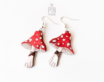 Magic Mushroom Earrings - Wooden Fall Cottagecore Jewelry - Funky Christmas Gift