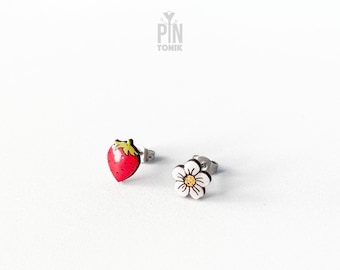 Strawberry Earrings - Summer Fruit Jewelry - Mismatched Food Stud Earrings - Second Hole Earrings