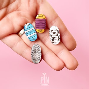 Puede incluir: Cuatro pines de esmalte con diferentes diseños de cochinillas. Los pines están en una mano, con diseños que incluyen una cochinilla rayada azul y blanca, una cochinilla morada, una cochinilla manchada de blanco y negro y una cochinilla gris con una concha segmentada.