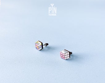 Pendientes retro de cubo de Rubik: joyas dispares y originales de los 90 - Pendientes de botón estilo friki de los 80