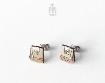 Green Tea Bag Stud Earrings - Wooden Tea Lover Jewelry