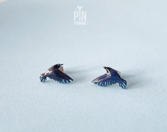 Flying Crow Stud Earrings - Wooden Black Raven Jewellery