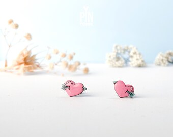 Pink Heart Stud Earrings - Wooden Love Arrow Jewelry
